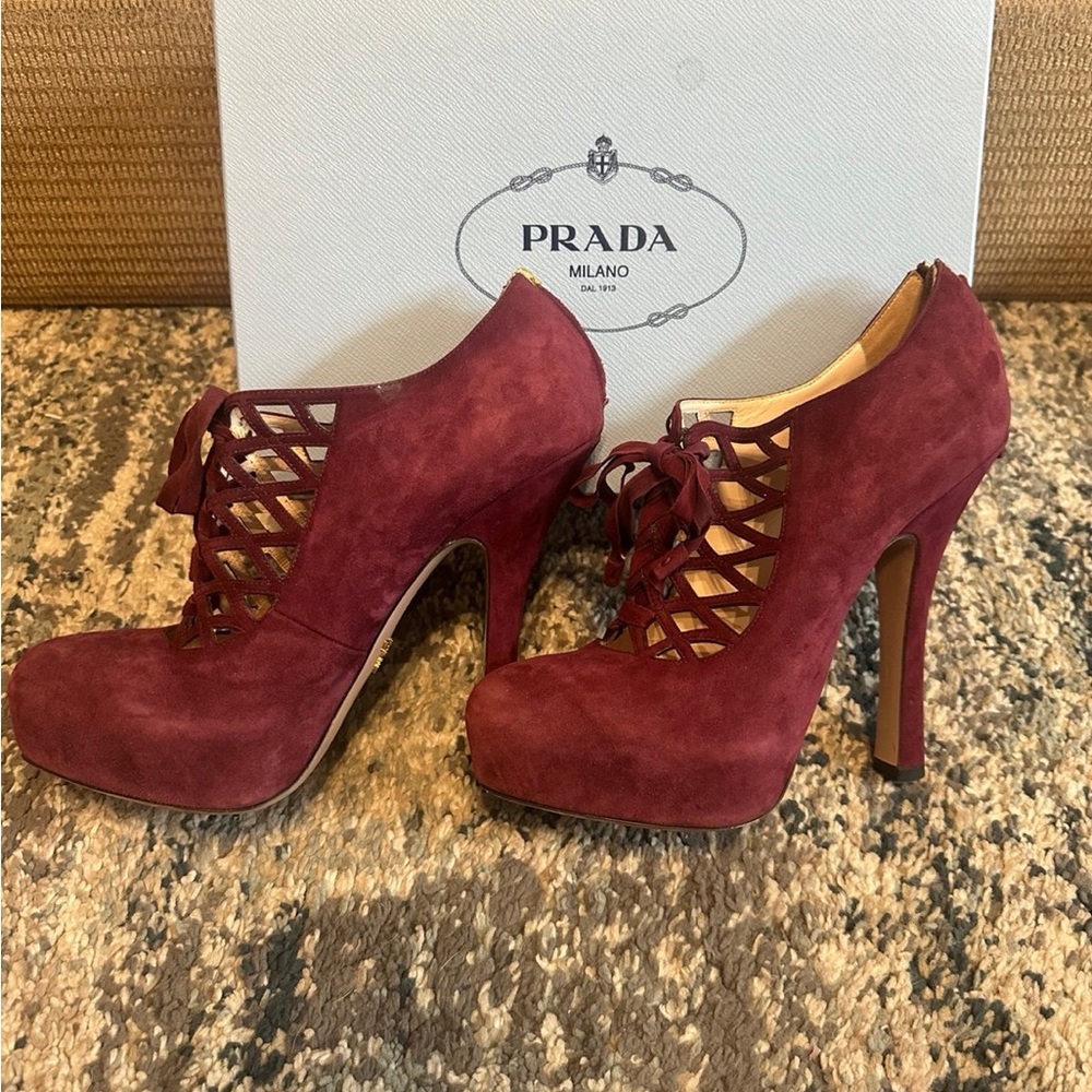 Prada Women's Deep Red Suede Lace-Up Heels
